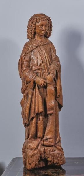 null Remarquable jeune clerc en chêne sculpté ; il se tient debout avec un phylactère...
