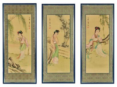 null CHINE, XXème siècle.

Trois peintures à l'encre et couleur sur soie encadrées...