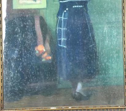 null J. ROSSI (actif circa 1900).

Femme ajustant son chapeau devant un miroir.

Pastel...