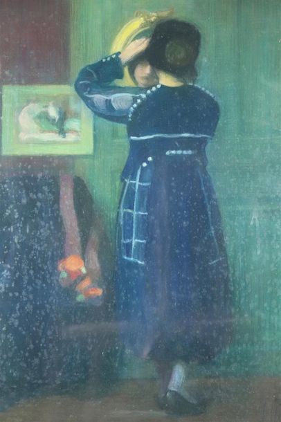 null J. ROSSI (actif circa 1900).

Femme ajustant son chapeau devant un miroir.

Pastel...