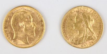 Deux pièces souverains en or 1899 et 1908....