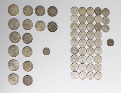 null Lot de pièces en argent comprenant :

deux pièces de cinq francs de 1836, 1849.

Deux...