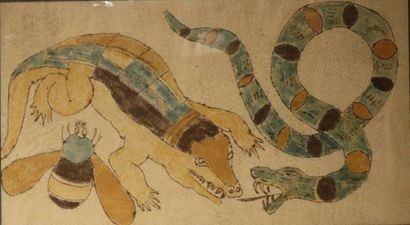 null COLOMBIE (Tribu TICUNA d'Amazonie).Bataille entre un crocodile et un serpent....