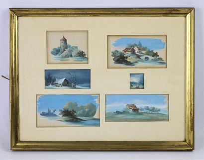 null L. BAQUET, XIXème siècle.

Paysages et constructions.

Ensemble de six miniatures...