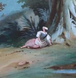 null L. BAQUET, XIXème siècle.

Femme allongée au pied d'un arbre.

Gouache sur papier.

H_19...