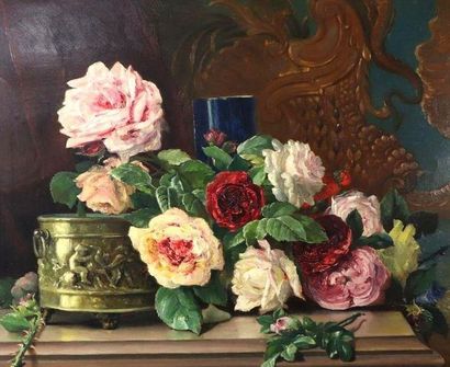 null Bernard PEGOT(1830-1900).

Nature morte aux roses et à la jardinière.

Signée...