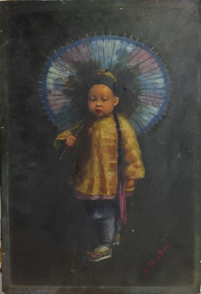 null Ecole française du XXème siècle.

Portrait de jeune garçon chinois à l'ombrelle.

Huile...