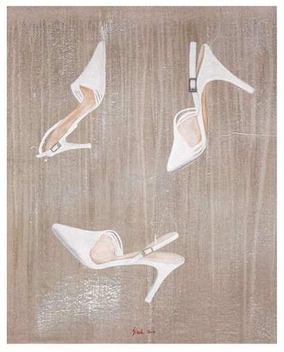 null Thierry BISCH (1953). 

Trois escarpins blancs. 

White, détrempe et huile sur...