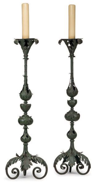 null Pair of large candlesticks in sheet metal painted green. Decoration of large...