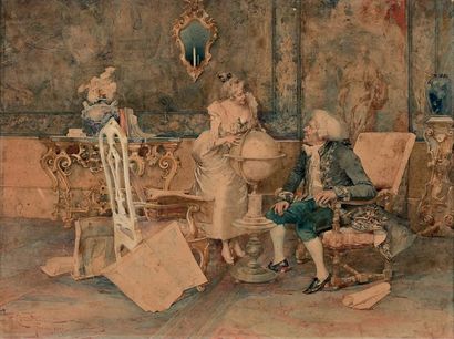 Luigi CAVALIERI (actif en Italie à la fin du XIXe siècle) Couple dans un salon discutant...