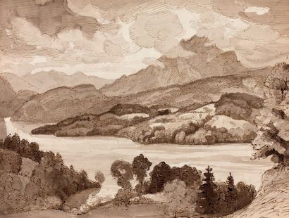 Armand POINT (Alger 1860-Naples1932) Paysage montagneux
Plume et encre brune, lavis...