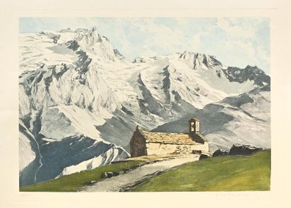  Charles Henri CONTENCIN (1898-1955)
Chapelle devant la Meije.
Aquatinte en couleurs,... Gazette Drouot