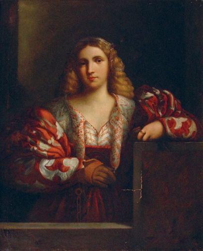 ANONYME (XIXe) Jeune femme au châle accoudée. Huile sur toile. 110 x 90 cm. (acc...