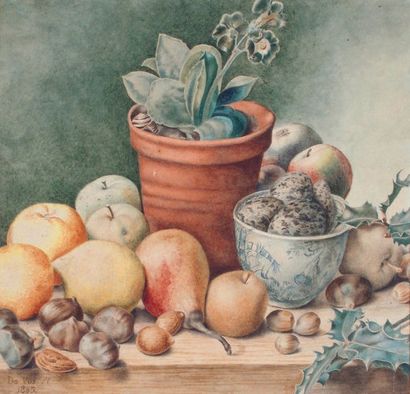 Jan de Vos JACOBUSZ (1735-1833), attribué à Nature morte aux fruits et pots de primevères....