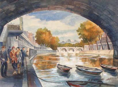 Aleksey Ilyich KRAVCHENKO (1889-1940). Les quais de Seine à Paris. Aquarelle. 23...