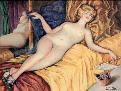 Alexandre ROUBTZOFF (1884-1949) 
Nu allongé au miroir, 1921.
Aquarelle signée, située...