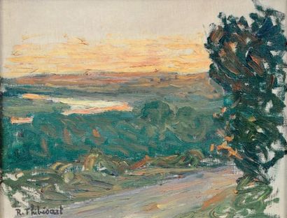 Raymond THIBESART (1874-1968) 
Paysage au soleil couchant.
Huile sur toile, signée...