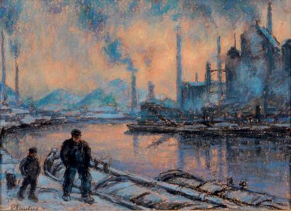 Pierre Paulus (1881-1959) 
Homme et enfant au bord de la rivière près des usines.
Pastel...