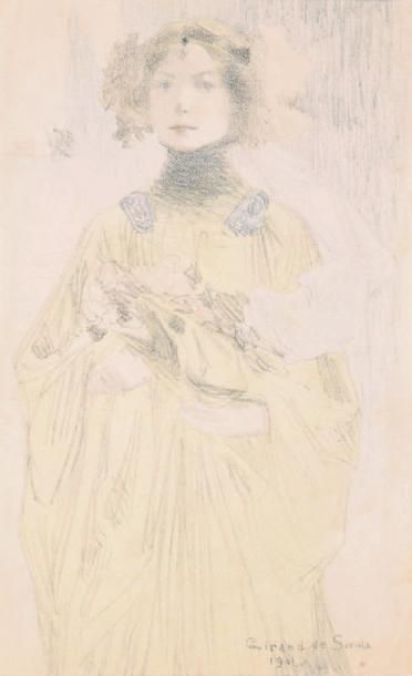 Guirand de SCEVOLA (1871-1950) 
Portrait féminin, 1901.
Fusain et crayons de couleur,...