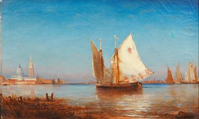 Paul-Charles-Emmanuel GALLARD-LEPINAY (1842-1885) 
Voiliers à Venise.
Huile sur toile.
Signée...