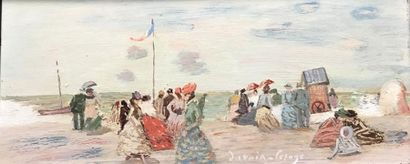 Pierre DAVAIN-LESAGE (1908-?) 
Scène de plage.
Huile sur panneau.
Signée en bas vers...