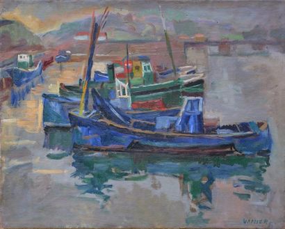 *Claude VANIER (1903-1958) 
Petit port, 1951.
Huile sur toile
Signée et datée en...