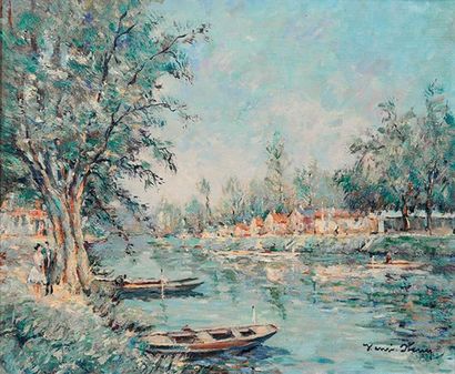 Henri STENN (1903-1993) 
Promenade au bord de la rivière.
Huile sur toile.
Signée...