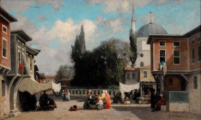Germain Fabius BREST (1823-1900) 
Scène de marché près du Bosphore.
Huile sur toile.
Signée...