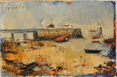 Jean LE GUENNEC (1924-1988) 
Port Breton.
Huile sur toile.
Signée en haut à gauche.
27...