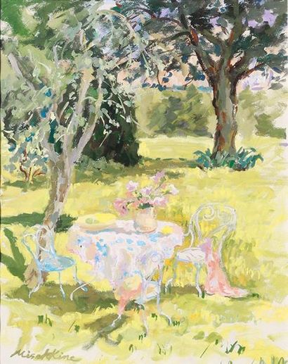 Olga MISCHKINE (1910-1985) 
La table au jardin.
Gouache.
Signée en bas à gauche.
60,5...
