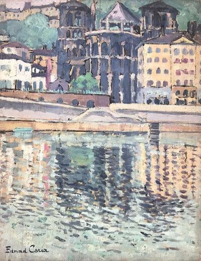 Edmond CERIA (1884-1955) 
«Ville au bord d'un fleuve».
Huile sur panneau.
Signée...