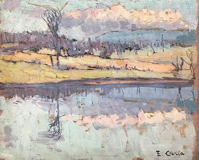 Edmond CERIA (1884-1955) 
«Marais en hiver».
Huile sur panneau.
Signée en bas à droite.
18,7...