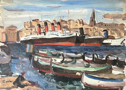 Edmond CERIA (1884-1955) 
Le port.
Huile sur panneau.
Signée en bas à gauche.
18,8...