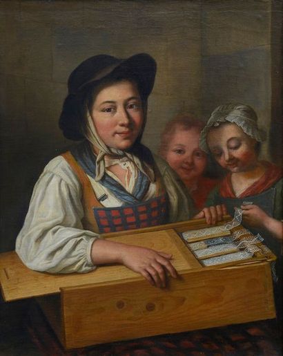 Gaspard GRESLY (Attribué à) (1712-1756) 
La marchande de dentelles.
Huile sur toile.
Rentoilé...