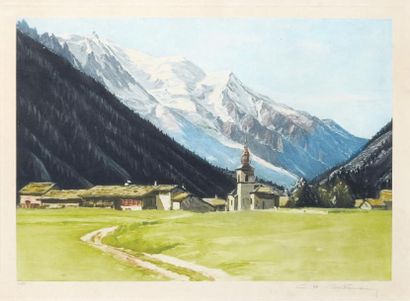 Charles-Henri CONTENCIN (1898-1955) 
Argentière et le Mont Blanc.
Aquatinte en couleur,... Gazette Drouot