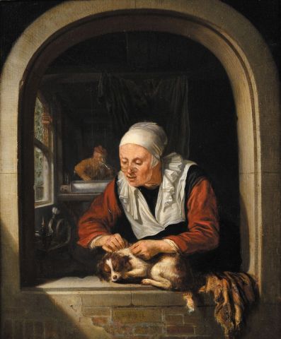 Domenicus VAN TOL (Bodegraven, 1635-Leyde, 1676) Vieille femme épuçant son chien...
