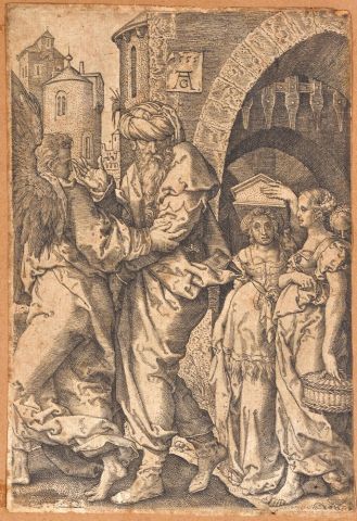 D'après Dürer L'ange ramenant l'homme sur le chemin de la vertu
Gravure en noir.
(marges...
