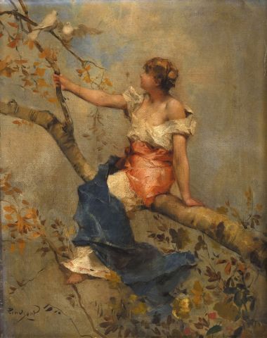 Auguste Emile PINCHART (1842-1920) Jeune femme assise sur une branche d'arbre, deux...