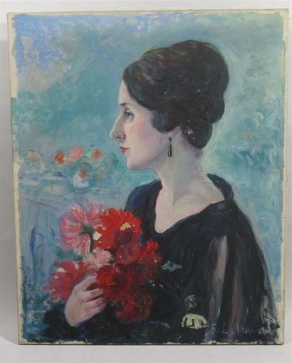 null F. LA MONNIER (XXe) "Portrait de femme au bouquet de dahlias rouges" Huile sur...
