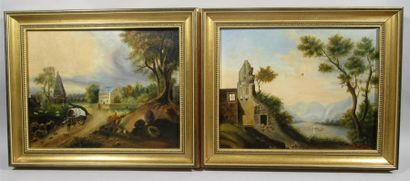 null C. LENOIR (XIXe) "Paysages animés en sous-bois" Deux huiles sur toile signées...