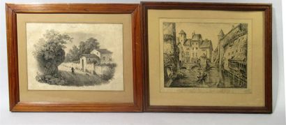null Deux gravures anciennes "Paysage" et "Vue de ville" 17,5x24 et 18x27cm