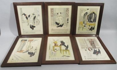 null Pol RAB (1898- 1933) Suite de six gravures humoristiques figurant des chiens...