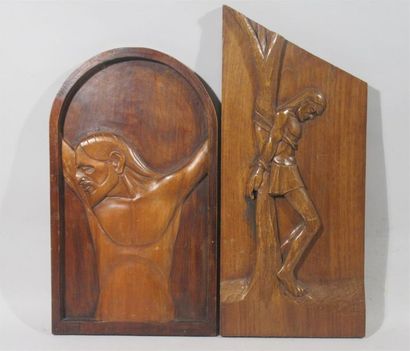 null Jean ALLUARD (1918-2010) "Le Christ" et "Le Prisonnier" Deux panneaux de bois...