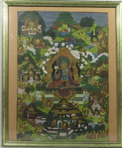 null TANKA - détrempe sur toile, au centre Bouddha assis sur un trône faisant le...