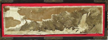 null JAPON - Broderie et peinture à la poudre d'or sur soie marouflé sur papier figurant...