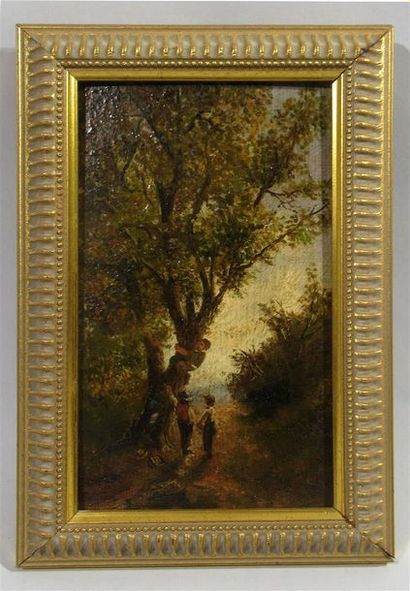 null École italienne du XIXe siècle "Trois enfants jouant dans un arbre" Huile sur...