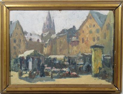null Ecole française du XXe siècle "Souvenir d'un marché de Mayenne" Huile sur carton...