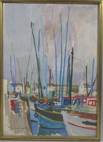 null Léon GAMBIER (1917-2007) "Les bateaux dans le port" Aquarelle sur papier signée...