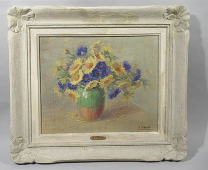 null M. THIBAULT (XXe) "Vase de marguerites bleues et jaunes" Huile sur toile signée...
