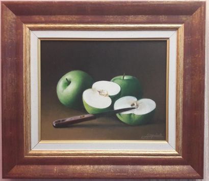 null Henri IZQUIERDO (né en 1926) "Pommes coupées" Huile sur toile signée en bas...